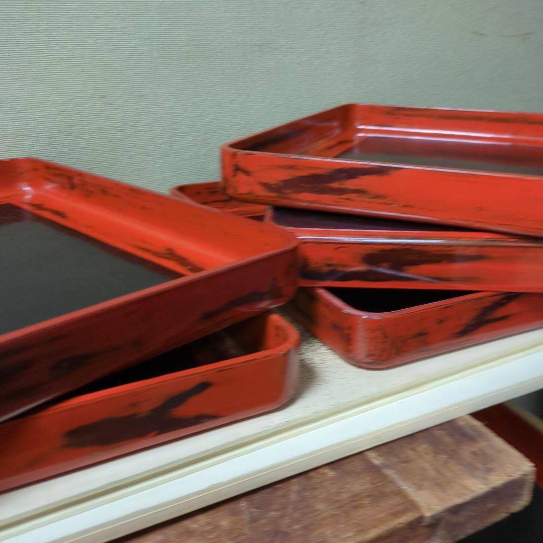 骨董　お盆　お膳　木製　漆器　あけぼの　トレイ　角盆　5つ