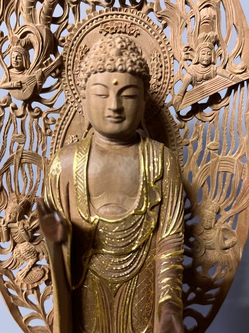 仏像　総白檀　仏像　木彫　舟立阿弥陀　六角台座ケマン付　飛天光背　金泥書　16