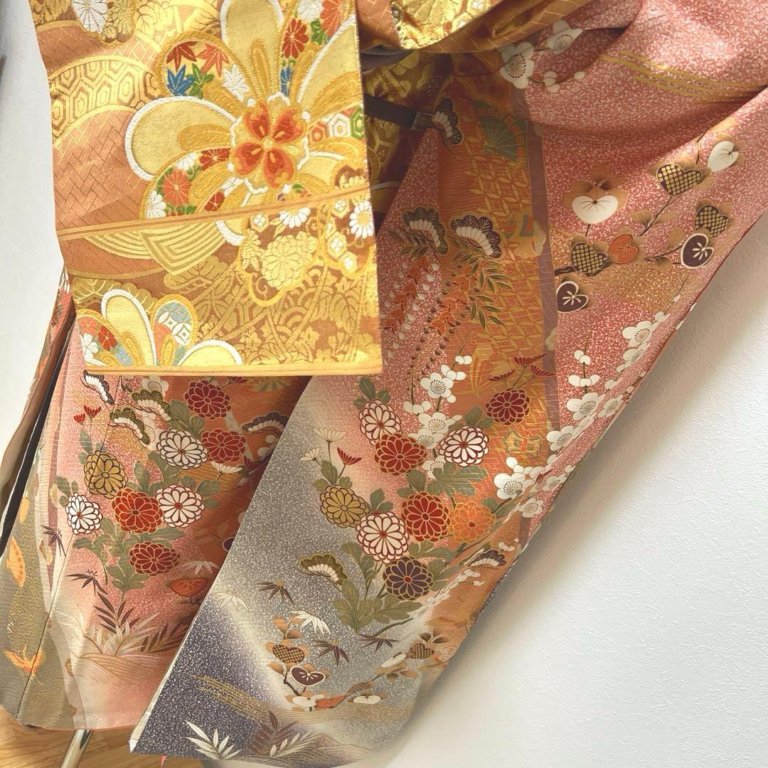 346 振袖フルセット 正絹 サーモンピンク くすみ グレー 金彩 暈し染め 桃