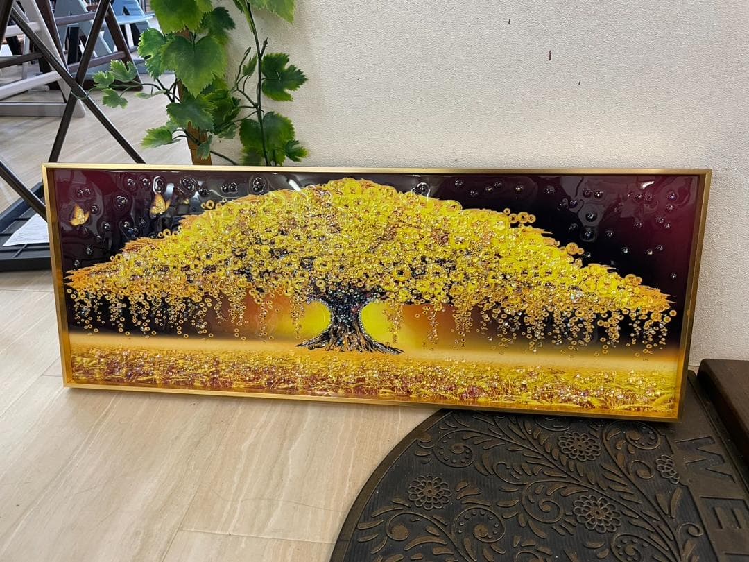 水晶絵　アートパネル　金のなる木　金運　クリスタル　立体　絵画　アート　ゴールド