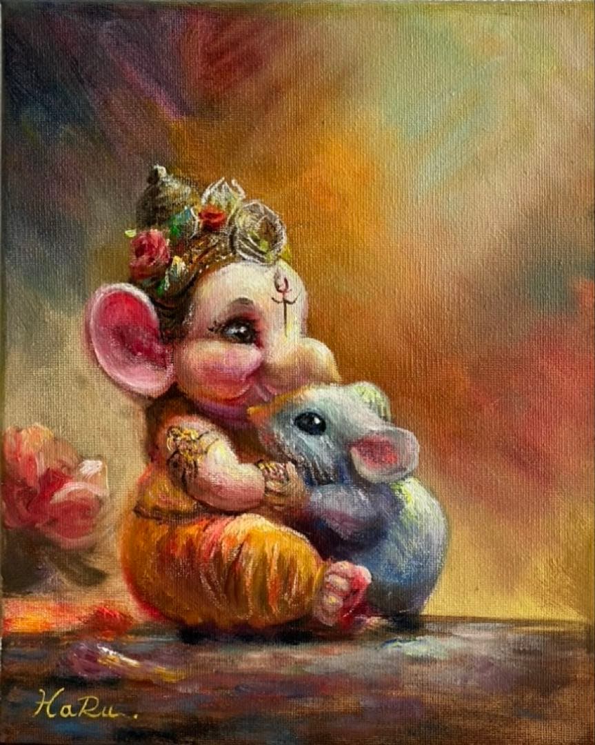 ☆ HaRu ガネーシャ 神様 鼠 1点物 真作 原画 絵画 油絵 ♪ F3