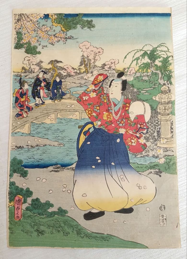 浮世絵、偐紫源氏姿美多て八景の内春嵐、二代国貞画三枚綴りの内右側と真ん中2枚売り