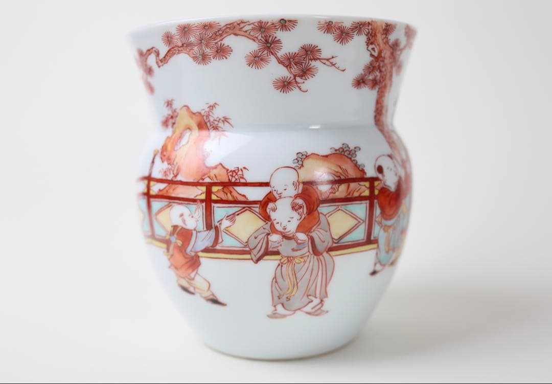 春峰 赤絵 細密唐子絵 水指 壺 茶道具 茶器