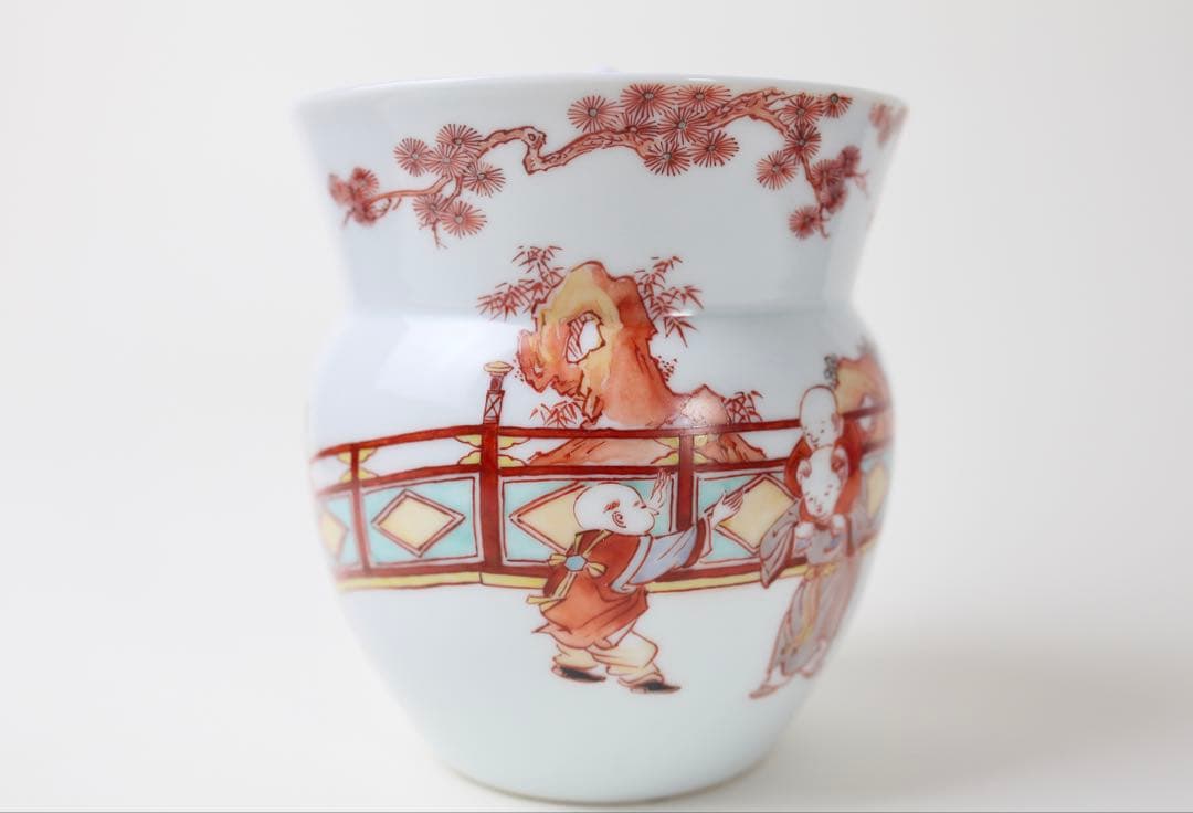 春峰 赤絵 細密唐子絵 水指 壺 茶道具 茶器
