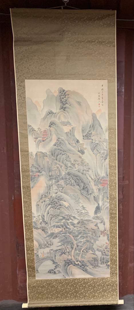 『8606』明治期文人画家 田能村直入（小虎散人） 真筆 楼閣山水図 絹本掛軸