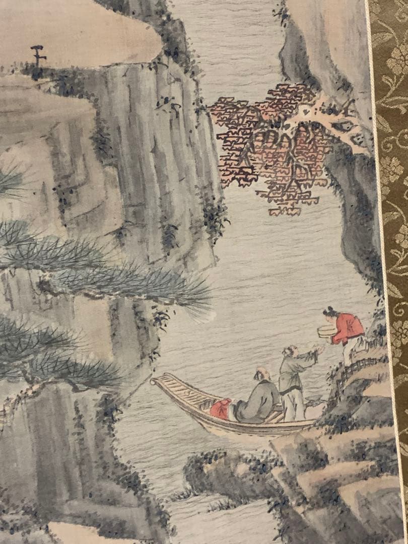 『8606』明治期文人画家 田能村直入（小虎散人） 真筆 楼閣山水図 絹本掛軸