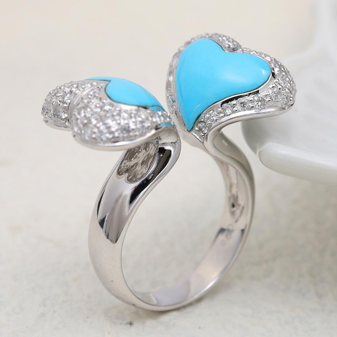 大粒ハート２つではさんだモダンリング K18WG サイズ12号