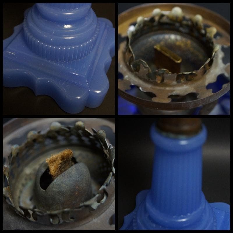 明治期 ガラス製大型オイルランプ花蕾型ランプ/切子油壷/ 水色練台座 台ランプ