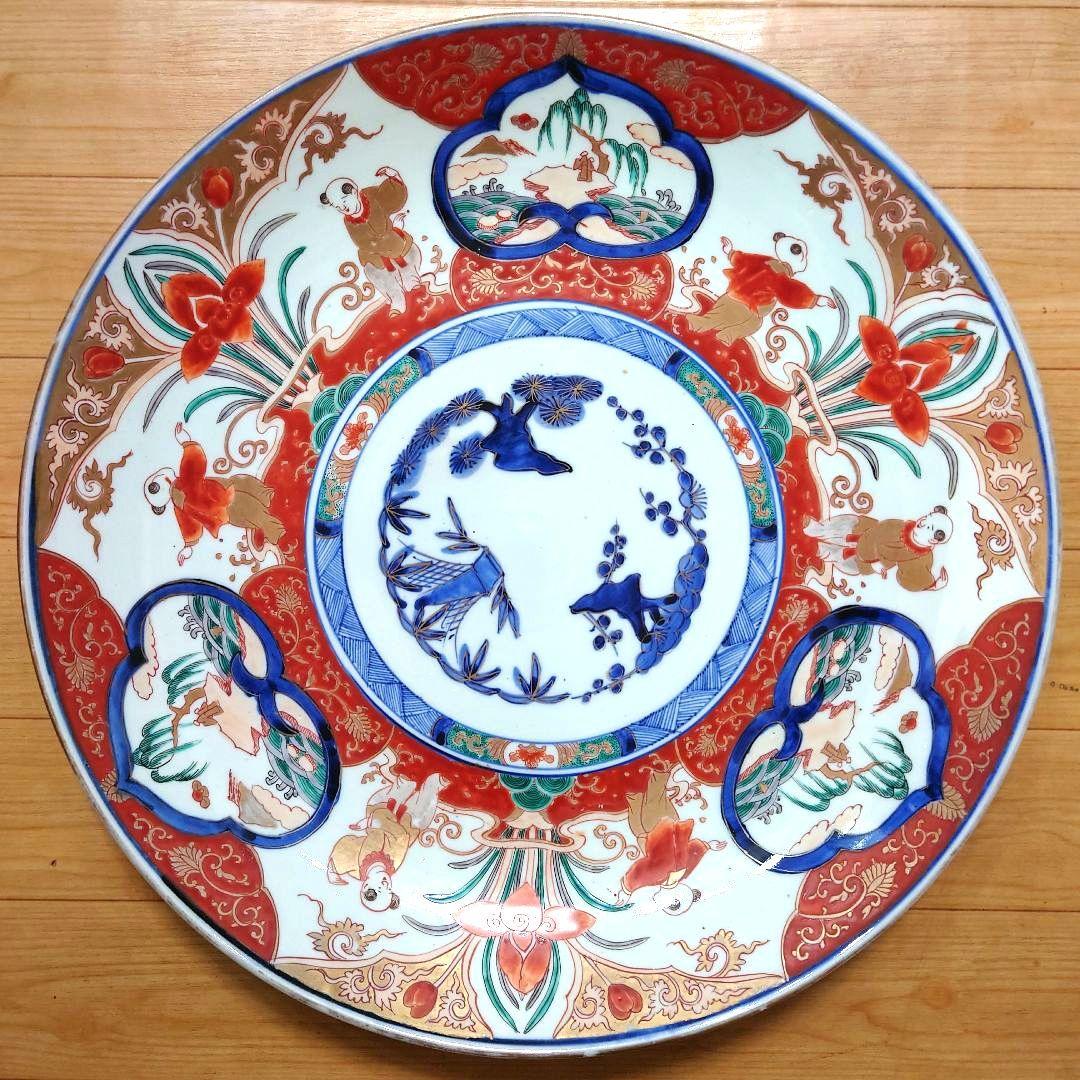新春特価⚫希少特大皿⚫古伊万里色絵松竹梅花唐子図大皿⚫直径約46.5cm大正時代