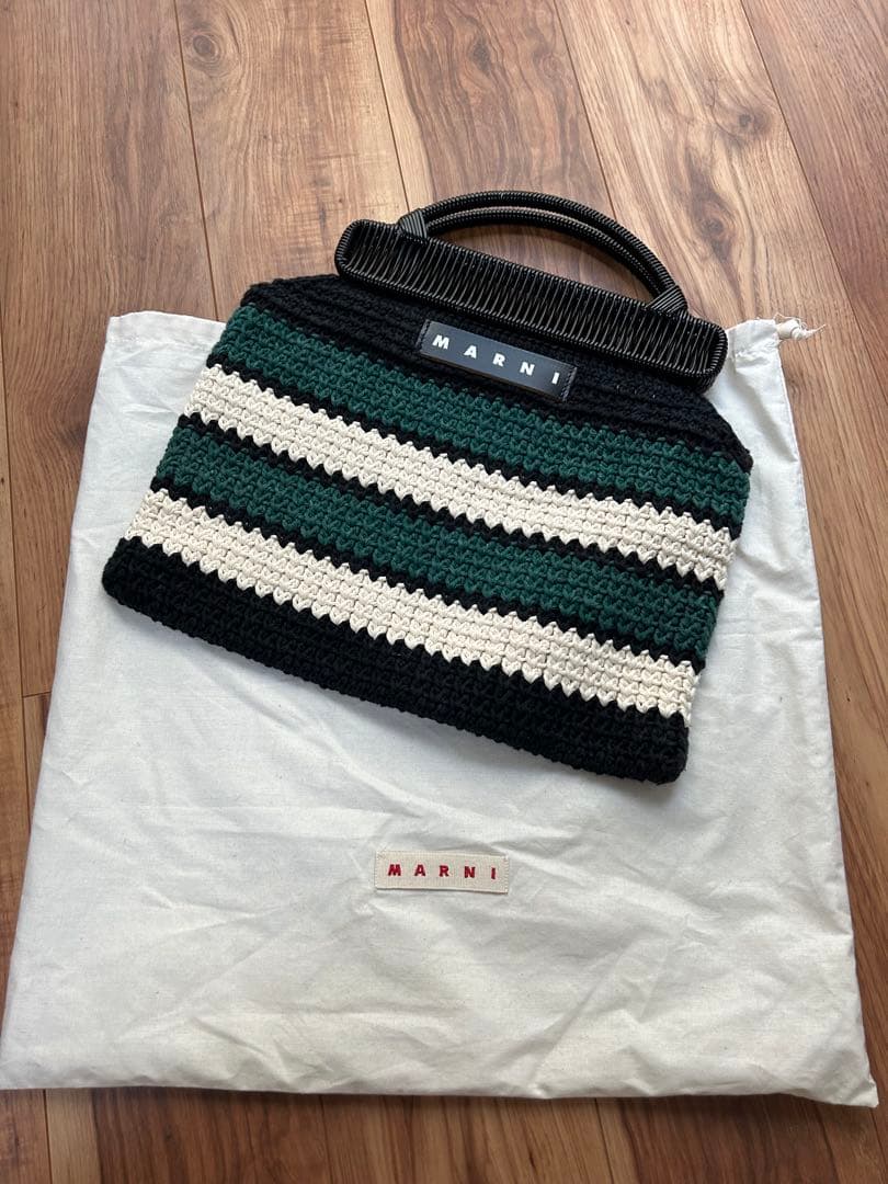 MARNI ボーダー クロシェバッグ グリーン ブラック