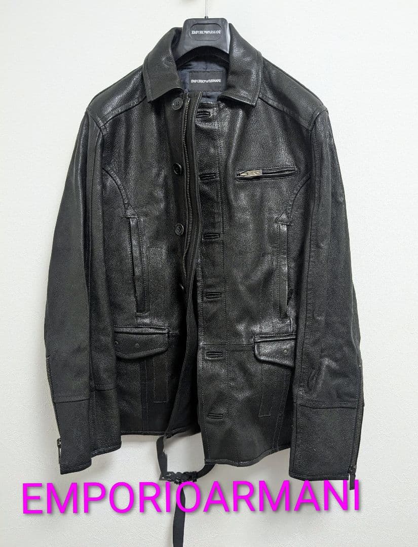 EMPORIO ARMANI ブラックレザー シングルライダースジャケット