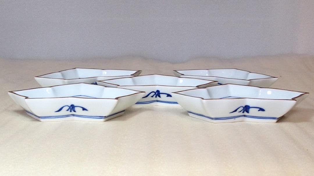 【未使用】有田焼 十四代 辻常陸 染錦水鳥文 変形皿5客 銘々皿/菓子皿 茶道具