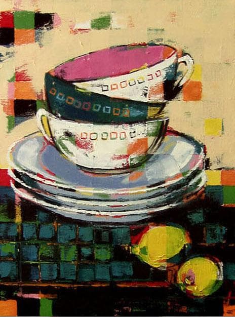 油絵 菅家令子絵 絵画インテリア額付(黒) uF6-060203静物カップレモン