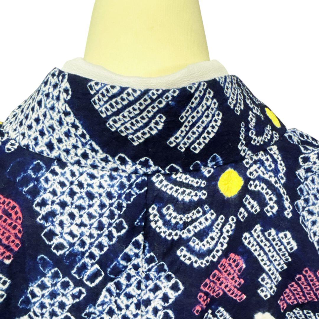 A84有松鳴海絞り 高級浴衣 花 綿　紺　美品　身丈165cm