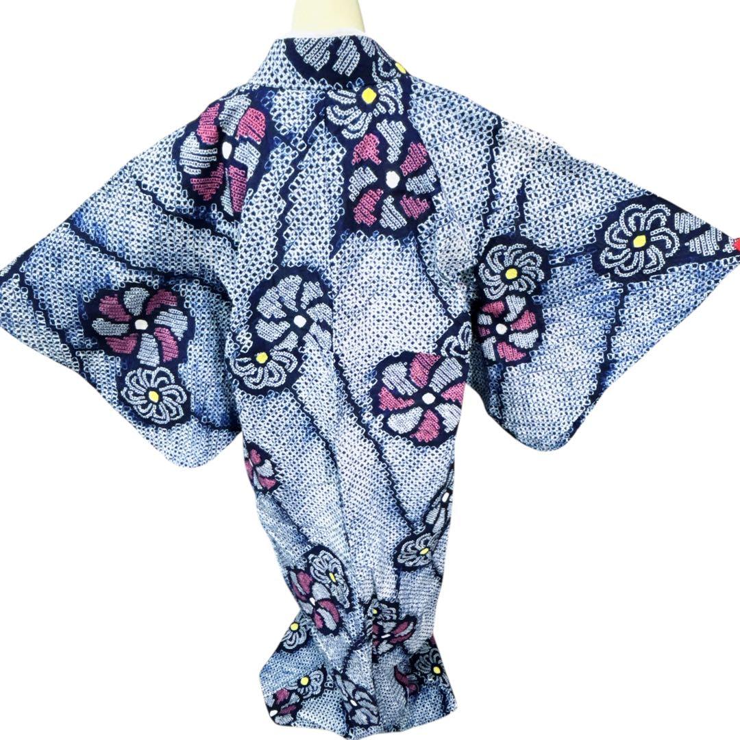 A84有松鳴海絞り 高級浴衣 花 綿　紺　美品　身丈165cm