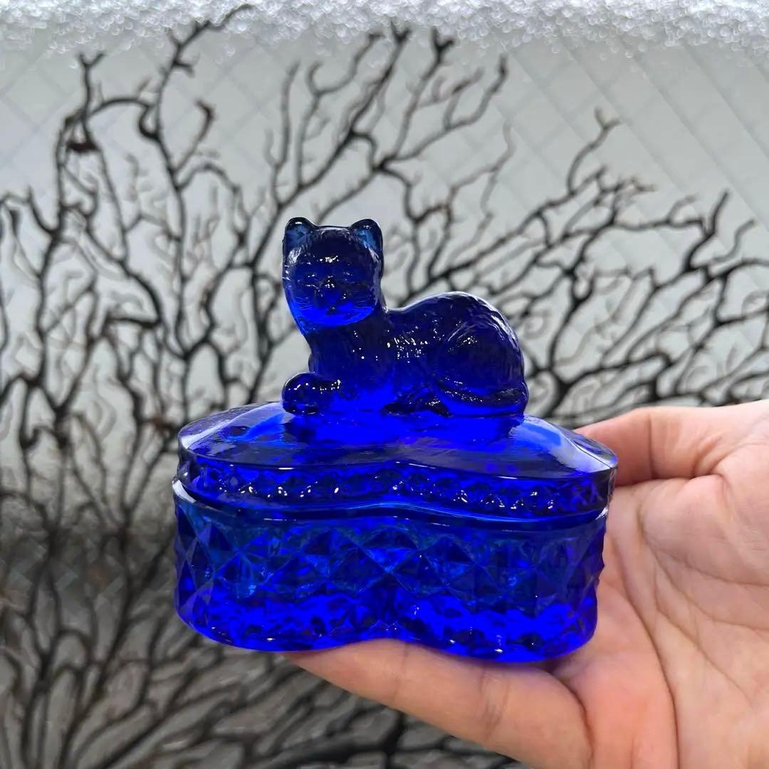骨董　レトロガラス　希少コバルトブルー　瑠璃色ガラス　子猫　ボンボン入れ　菓子器