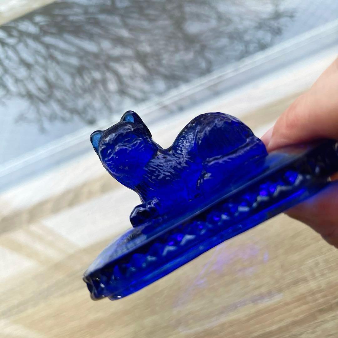 骨董　レトロガラス　希少コバルトブルー　瑠璃色ガラス　子猫　ボンボン入れ　菓子器