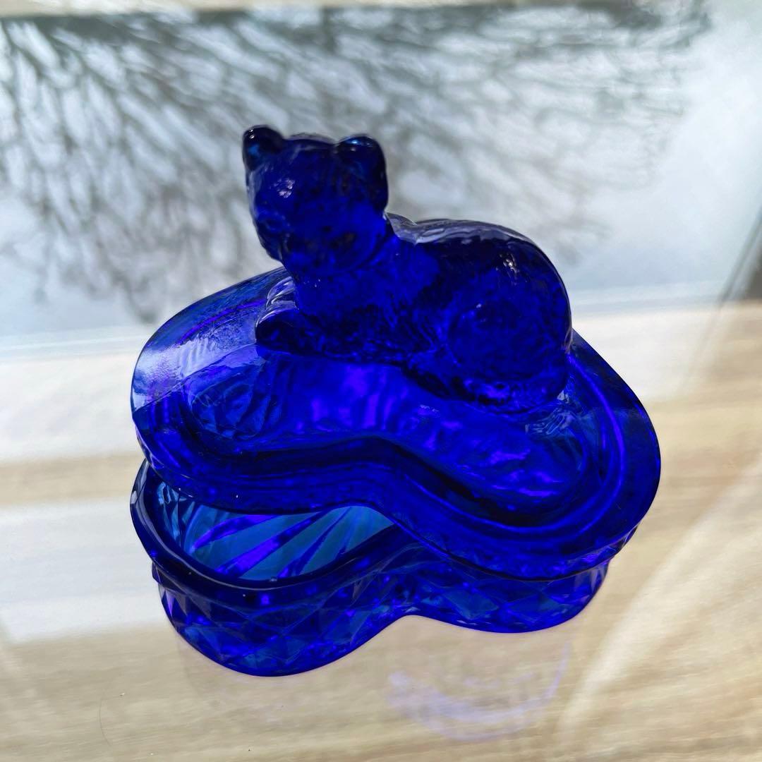 骨董　レトロガラス　希少コバルトブルー　瑠璃色ガラス　子猫　ボンボン入れ　菓子器