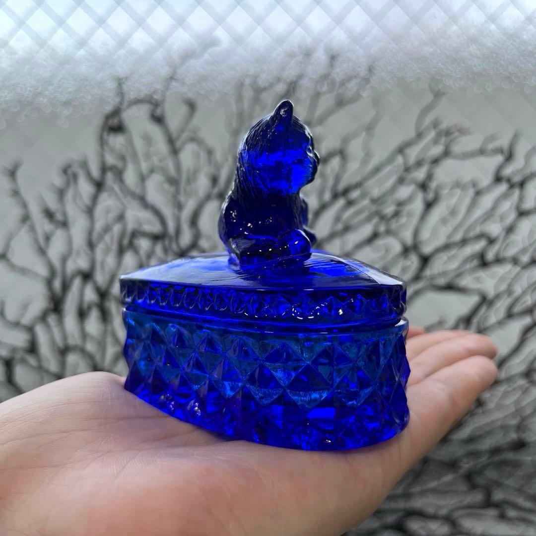 骨董　レトロガラス　希少コバルトブルー　瑠璃色ガラス　子猫　ボンボン入れ　菓子器