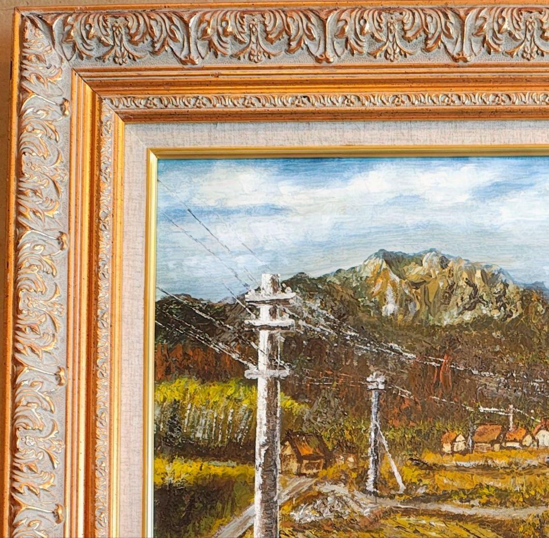 【F12号】大型 油絵 風景画 額縁入り バス停 山道 アンティーク 肉筆