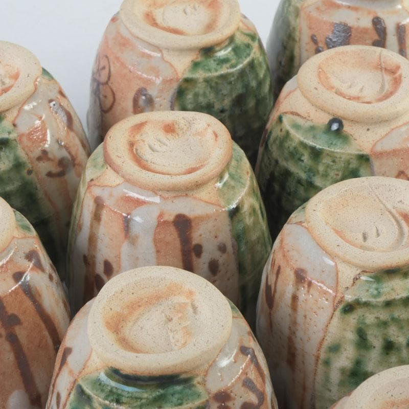 マサオ 煎茶道具　織部焼　煎茶碗　十客　陶印有　時代箱　V　9322