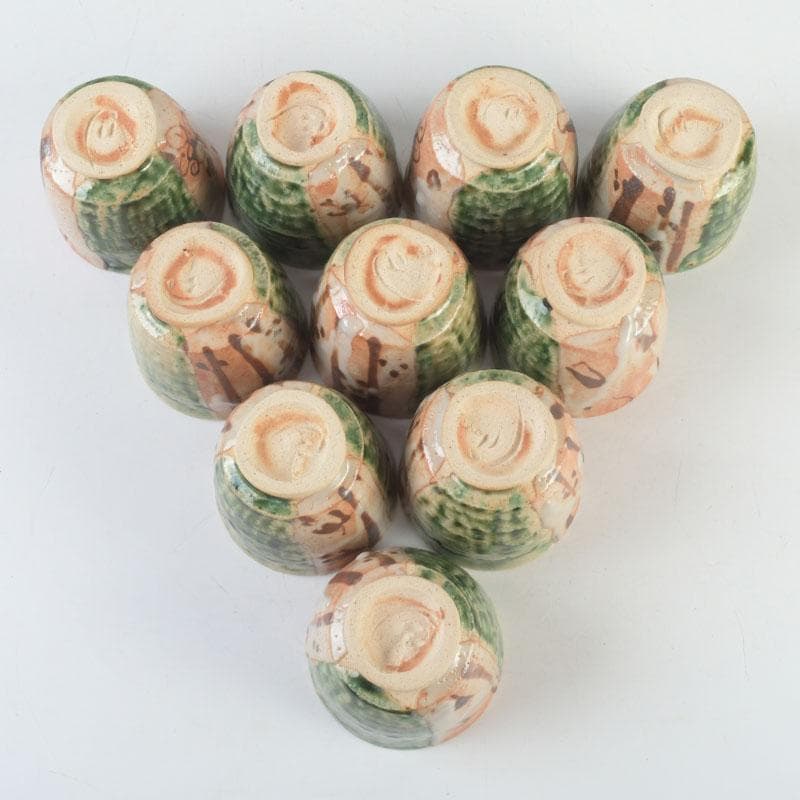 マサオ 煎茶道具　織部焼　煎茶碗　十客　陶印有　時代箱　V　9322