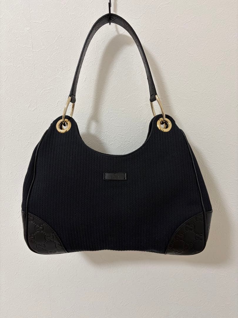 GUCCI ワンショルダー　キャンバス　シマレザー　ショルダーバッグ　ブラック