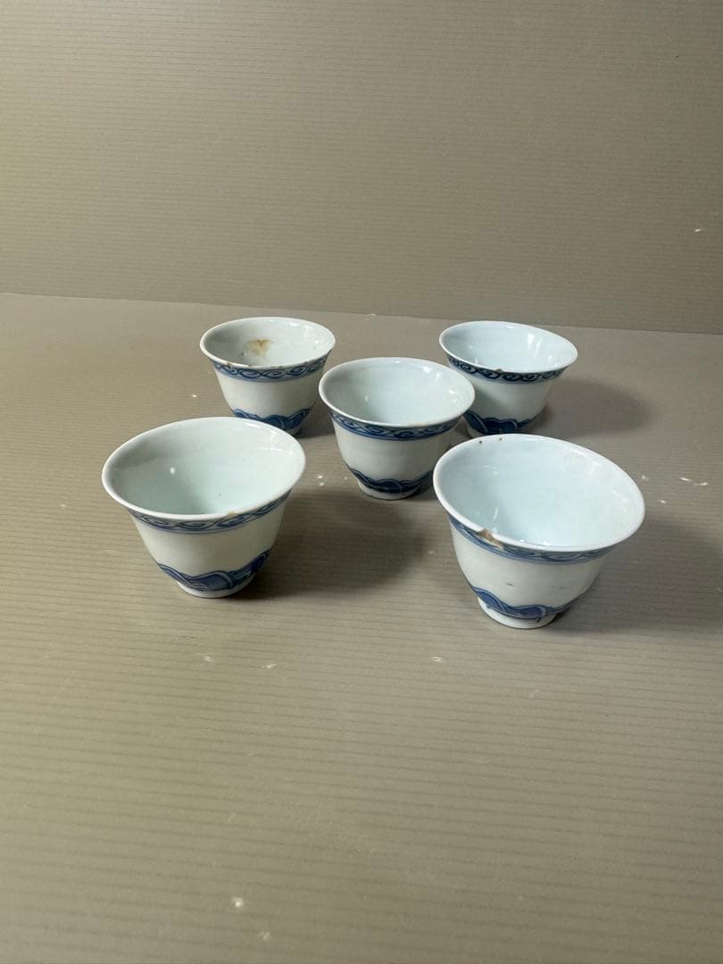 2617 中国骨董　大明成化年製銘　染付青花　湯呑5客　時代物