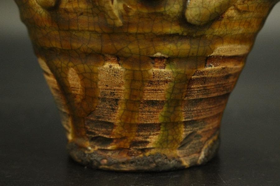 中国美術 緑釉 纏枝蓮花貼 三耳 壷 台付(A890)