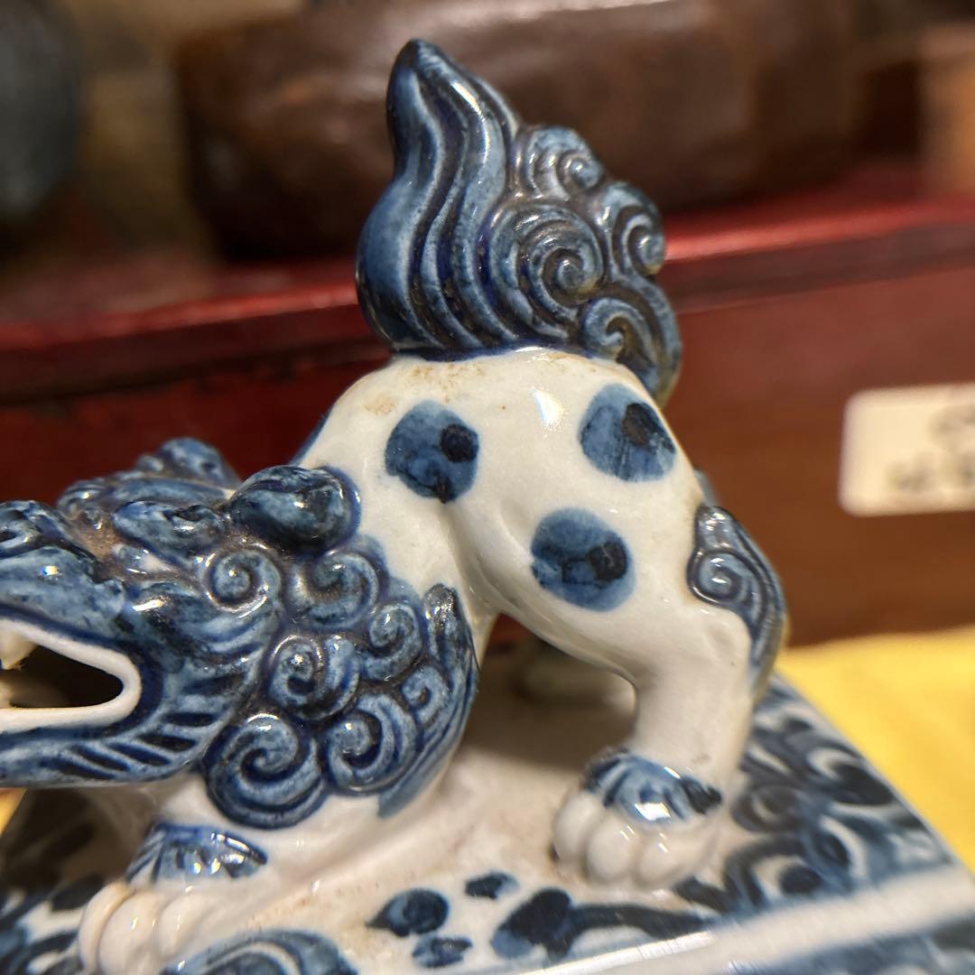 九谷   古美術     【染附 】   獅子摘み　大迫力　香炉　アンティーク