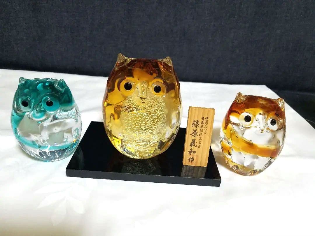 津軽びいどろ、フクロウ、3個セット☆