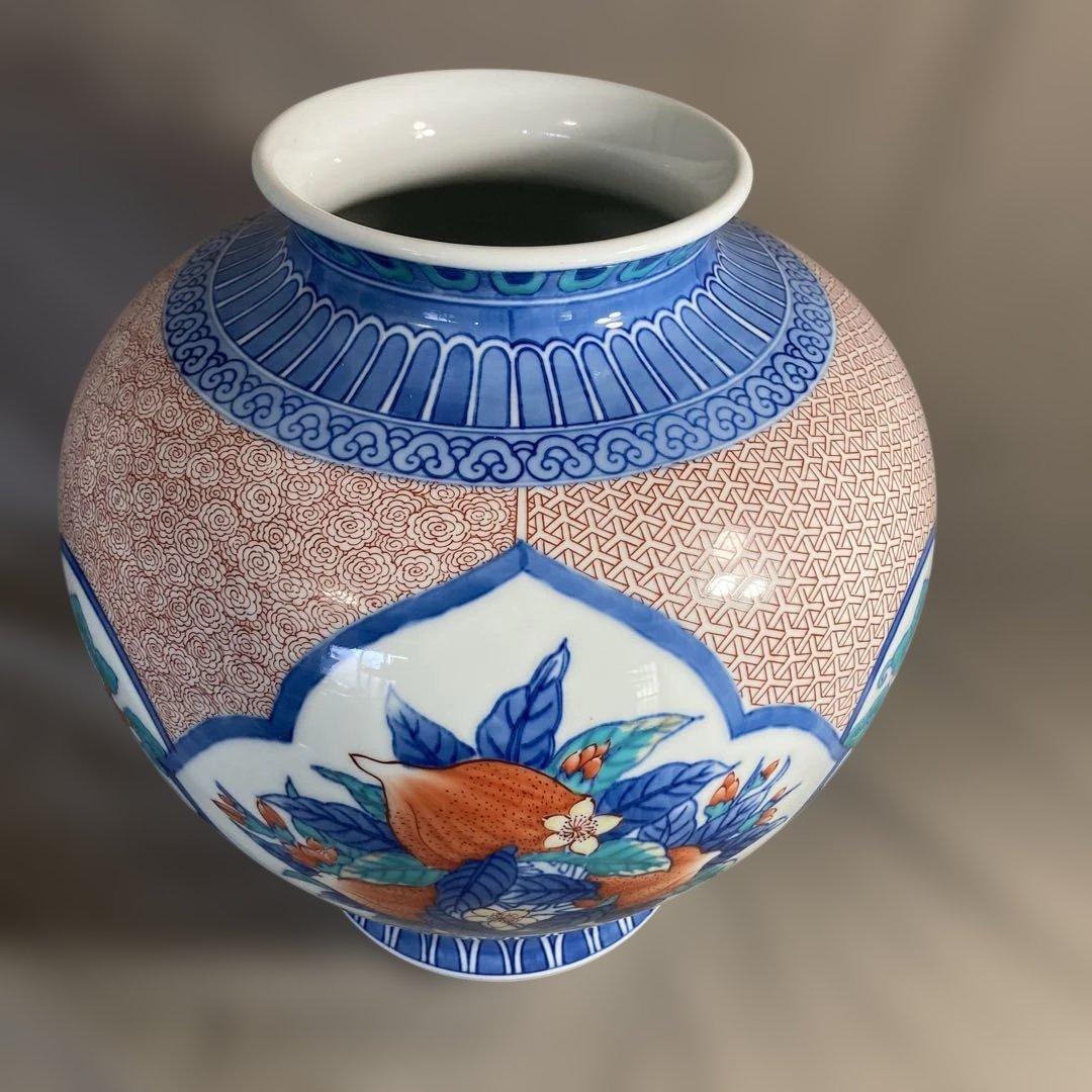 【緒方松右衛門】古伊万里の伝統　名窯　緒方松右衛門作　染錦三方間取桃絵　大花瓶