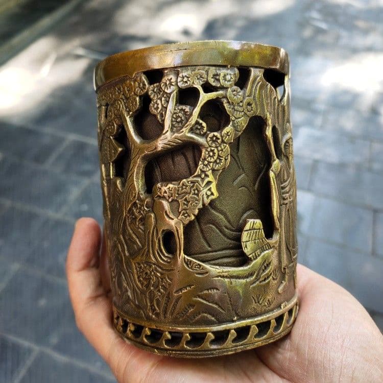 銅器 二重透かし彫りの筆箱 書道具 文房具 工芸品 美術品 置物
