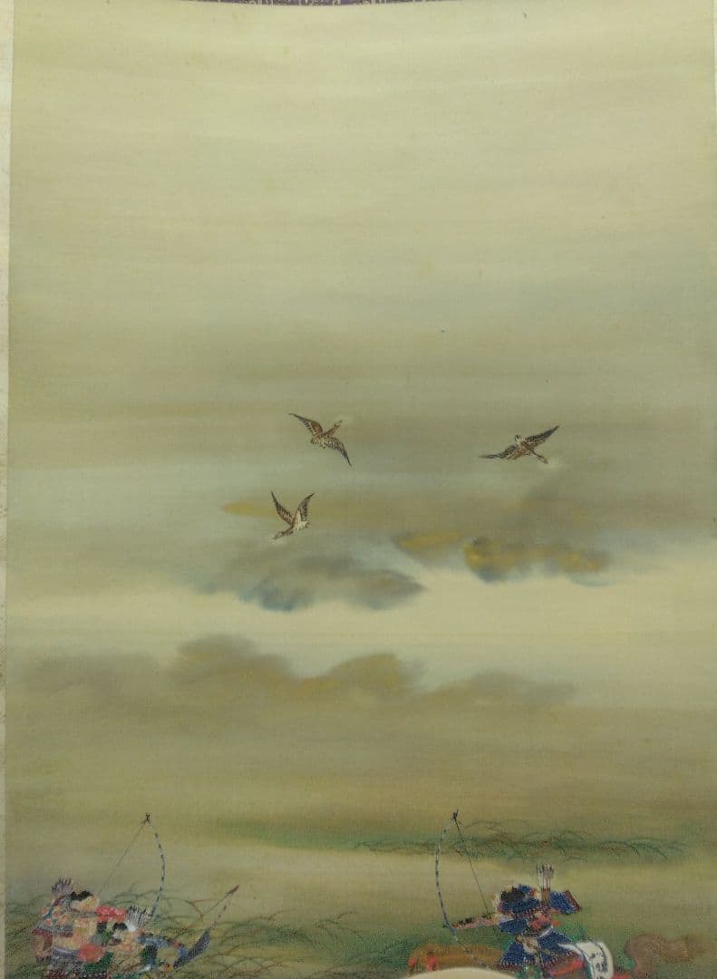 守住周魚「義家之図」武者　絹本　掛軸　共箱（守住貫魚の六女）