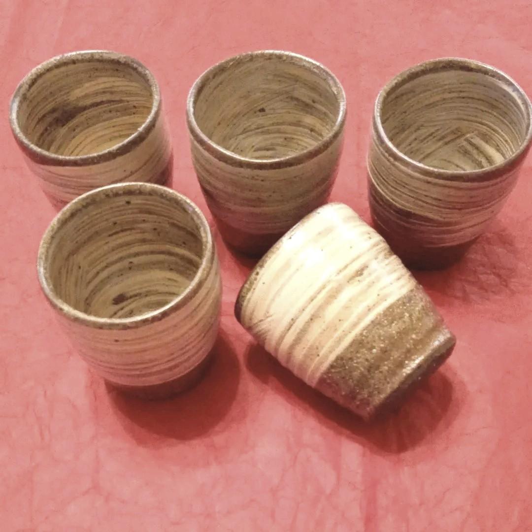 信楽焼　灰釉刷毛目湯呑み5客揃い