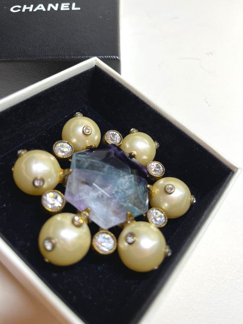 希少 美品 CHANEL シャネル ストーン パール ブローチ
