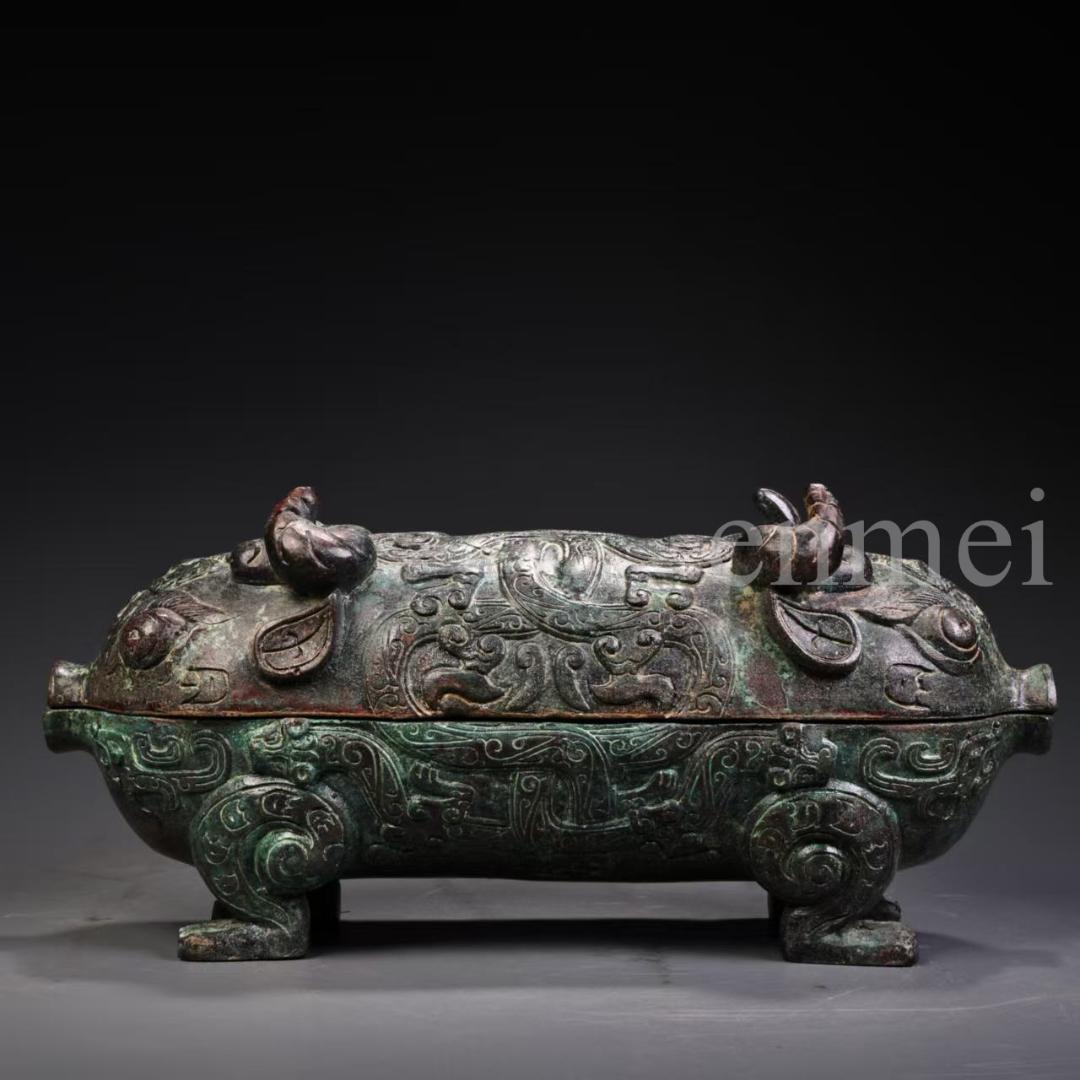 中国古美術・珍品旧藏・青銅器 豚形 食盒 蓋物 香炉 彫刻文様・置物・風水開運