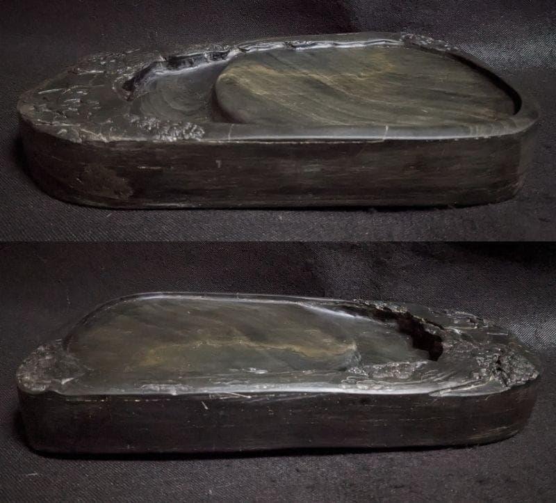 【歙州硯　松竹文特大楕硯】◆金暈金星・水波紋の美石◆12.7吋◆唐木塗箱◆龍尾山