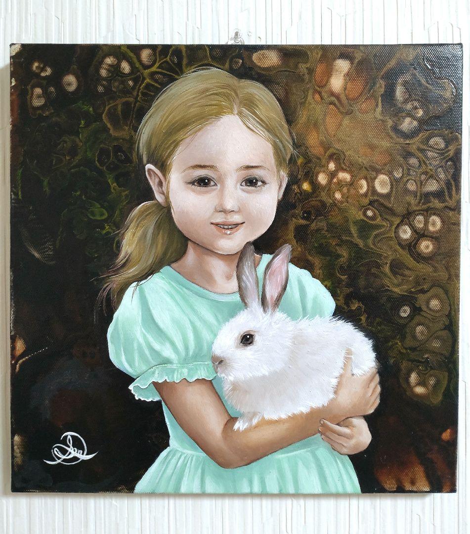 少女の人物画/油絵【兎と少女】1点物の原画/作者サイン入り◆キャンバス油彩画