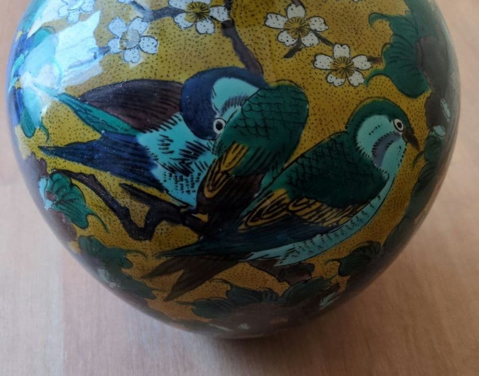 九谷焼　角福　花瓶　色絵　花鳥図