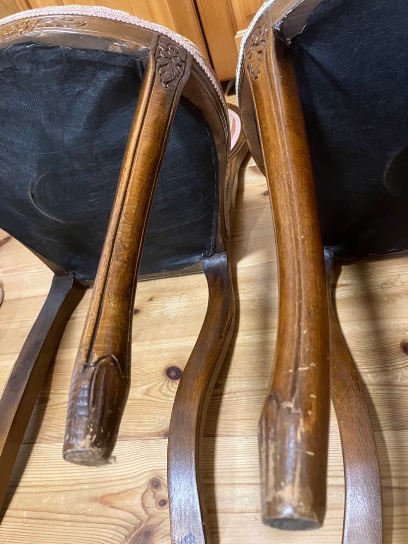 【ペア】フレンチアンティーク調チェア　ルイ16世様式　猫脚　クラシック花柄張り