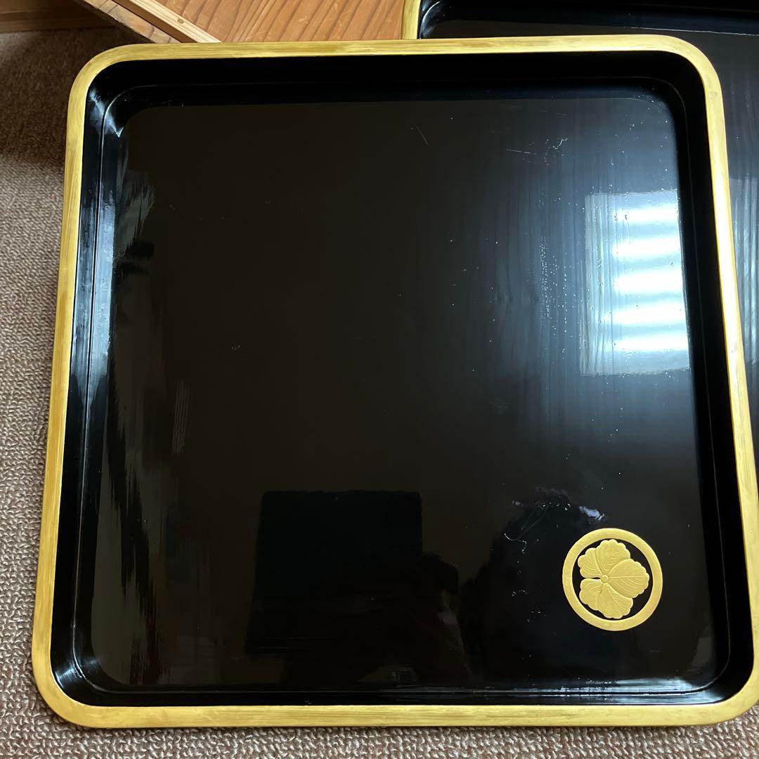 輪島塗お盆2枚セット 金色装飾　家紋入り　木箱付き　25日までの出品