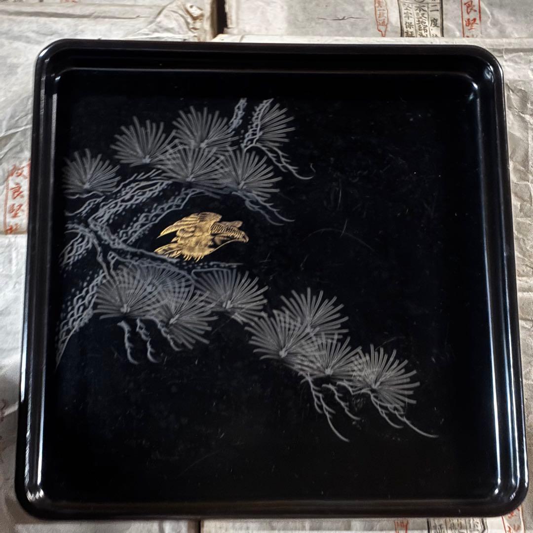 漆器 会席膳 御膳 お盆 10枚 鷹 松 昭和初期 骨董 古道具
