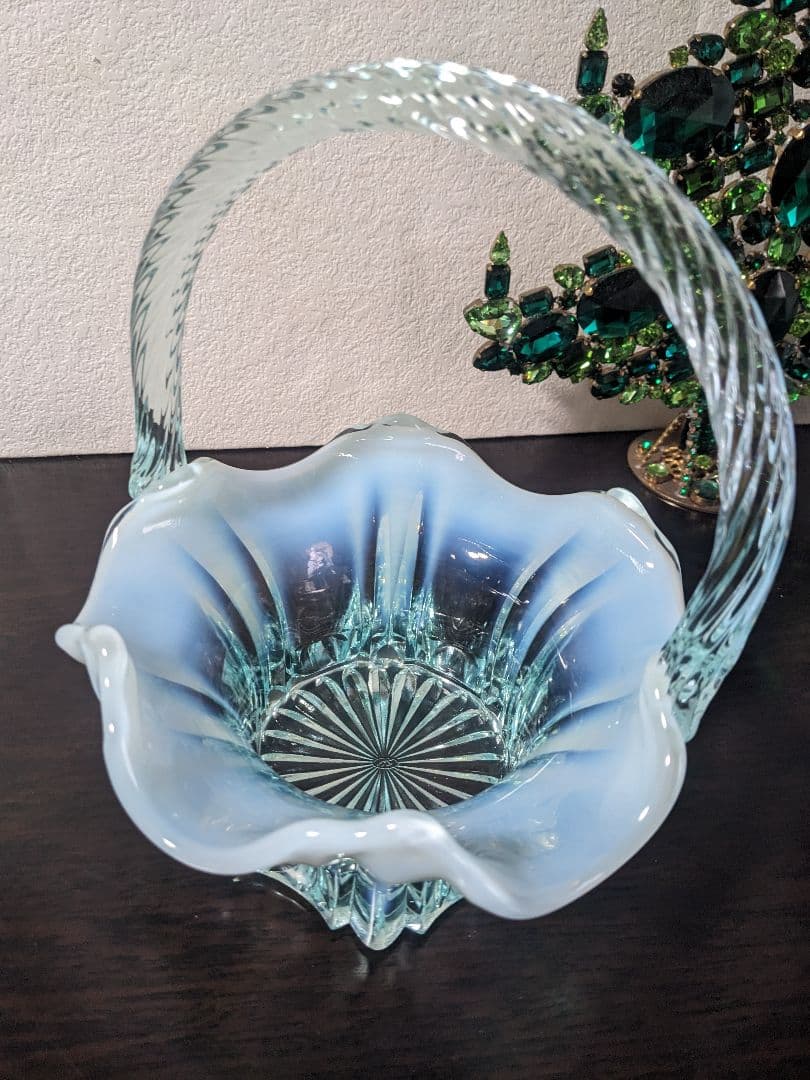 フェントン　ブルーオパルセントガラス　取って付き　お菓子入れ　小物入れ