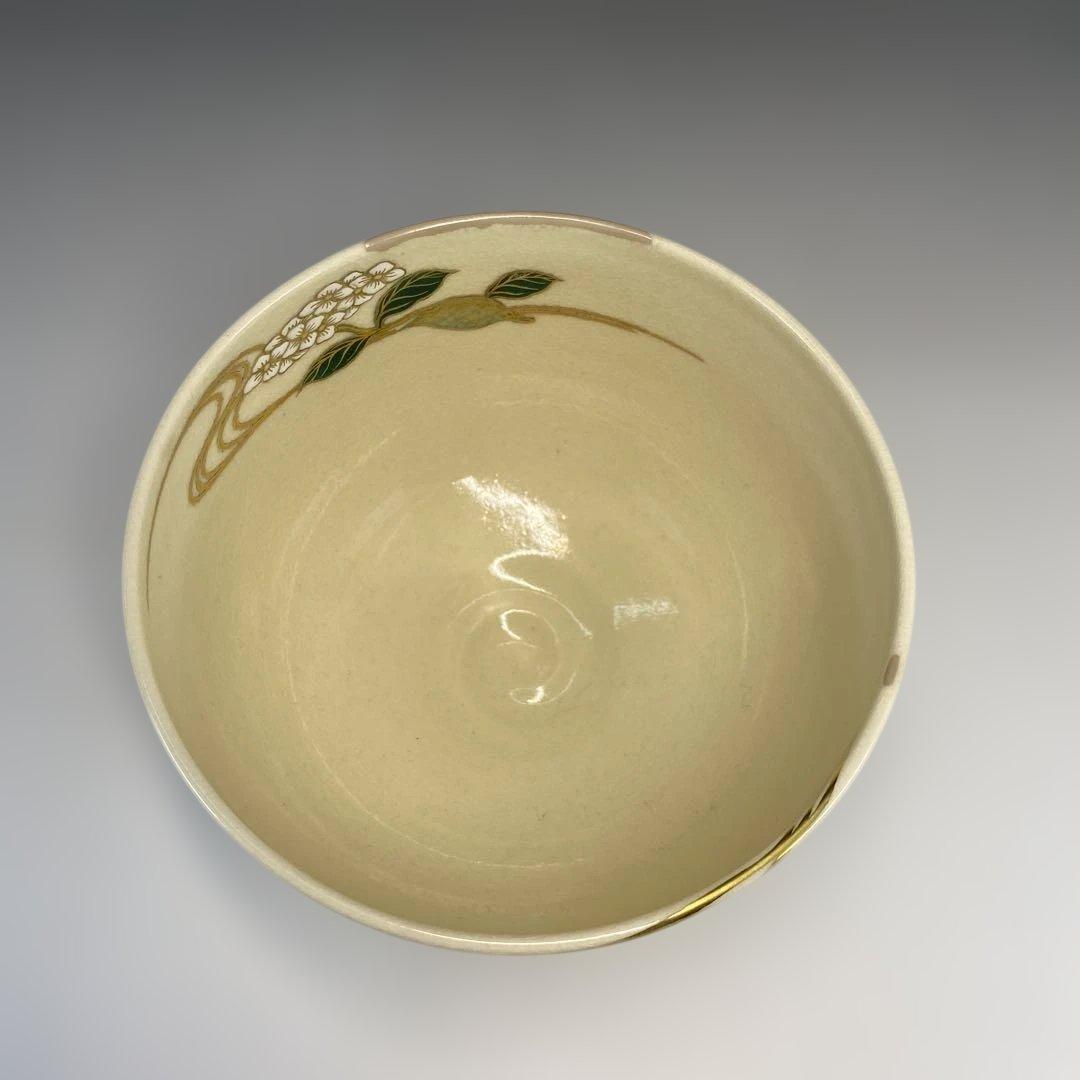 【茶道具】清閑寺窯　杉田祥平造　色絵紫陽花画茶碗（共箱）★直し有★