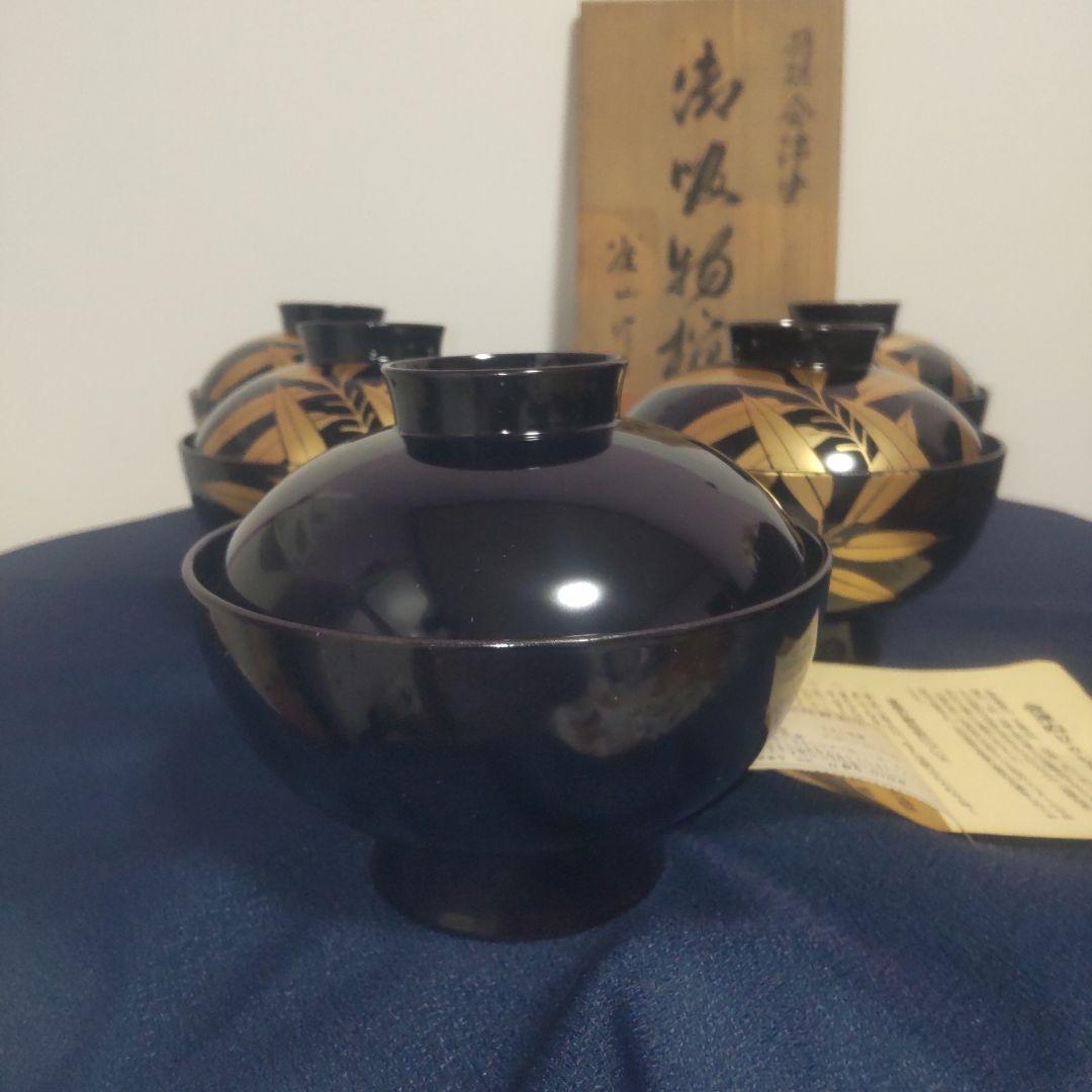 会津塗 天然木 蓋付 椀 お椀 5客 箱付 金彩 高級漆器 雀山