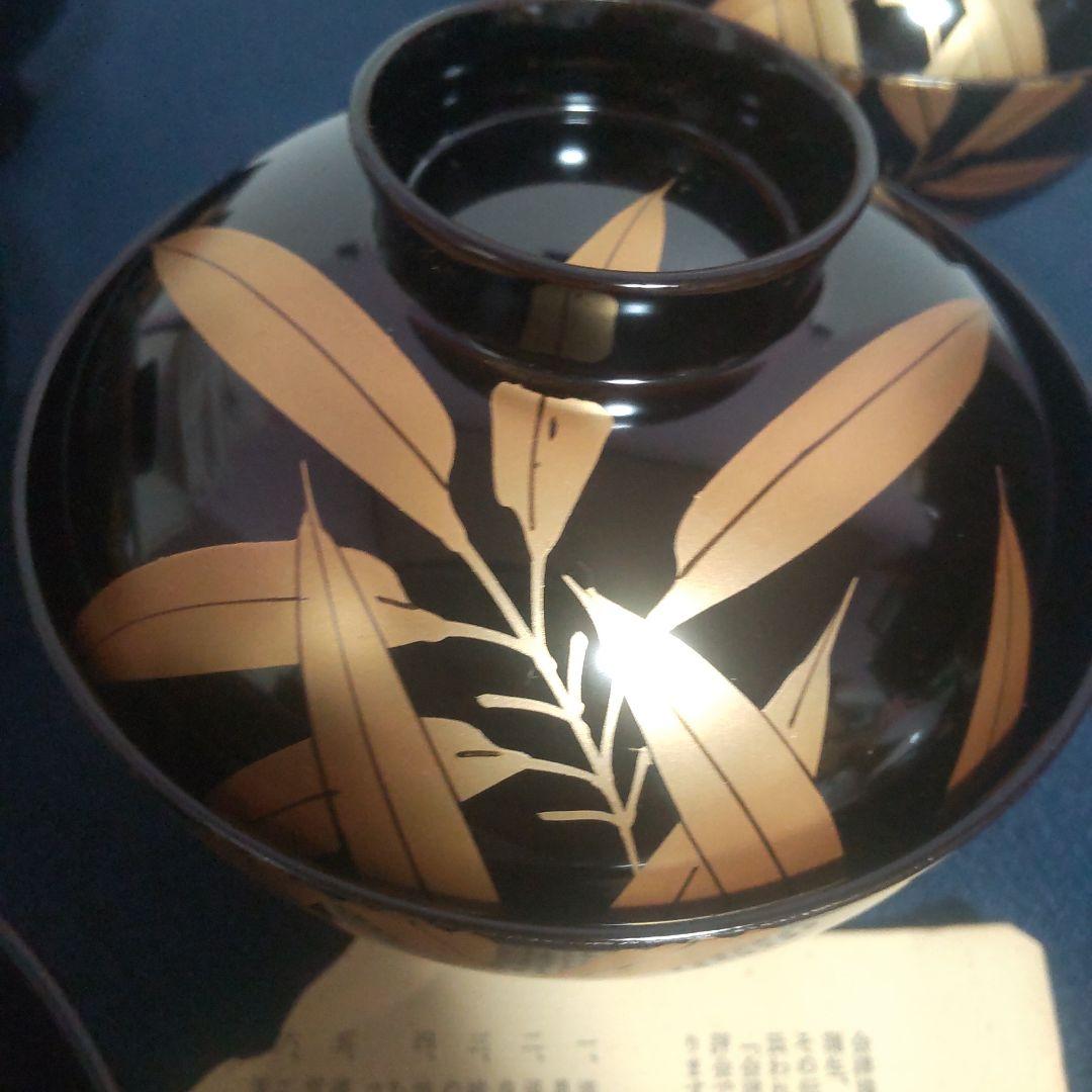 会津塗 天然木 蓋付 椀 お椀 5客 箱付 金彩 高級漆器 雀山