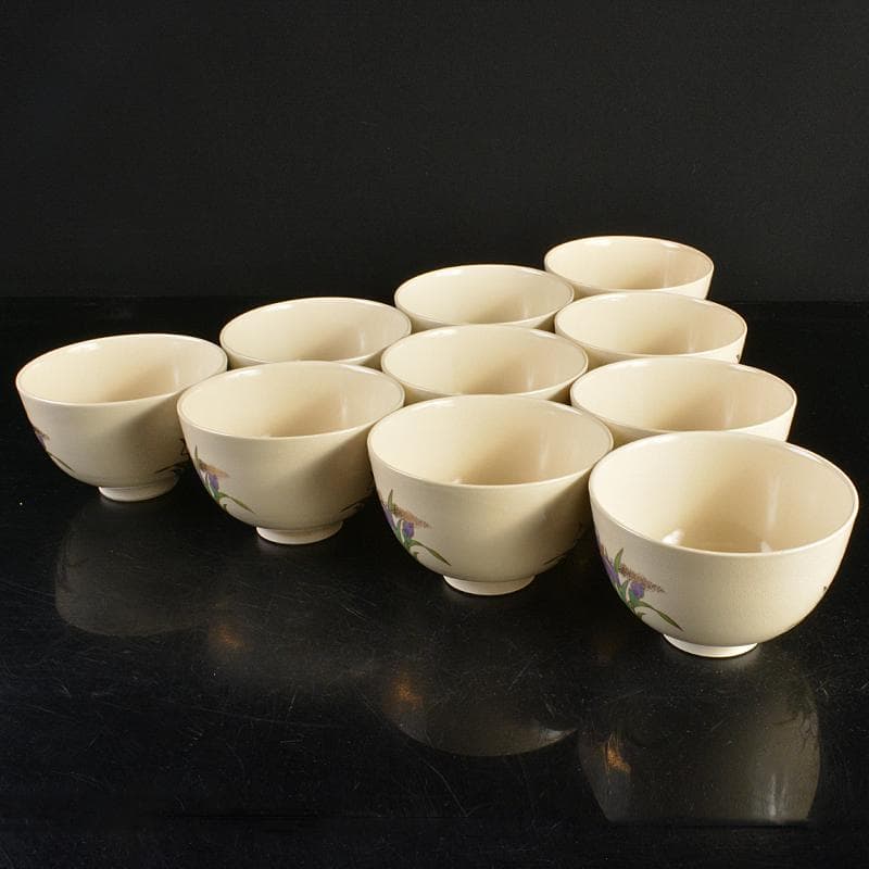 anko　鈴木清安作　色絵金彩　仁清菖蒲文数茶碗十客共箱　V　R7058B