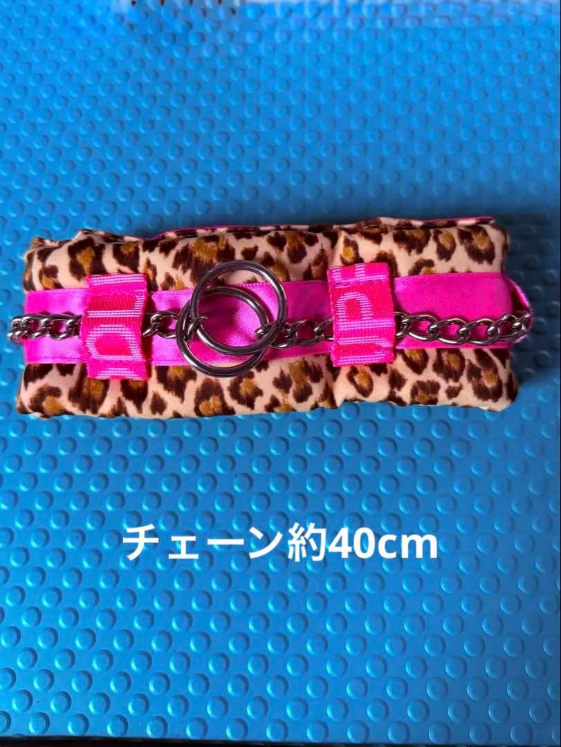 ピンク系 ヒョウ柄首輪 犬用 チェーン付き