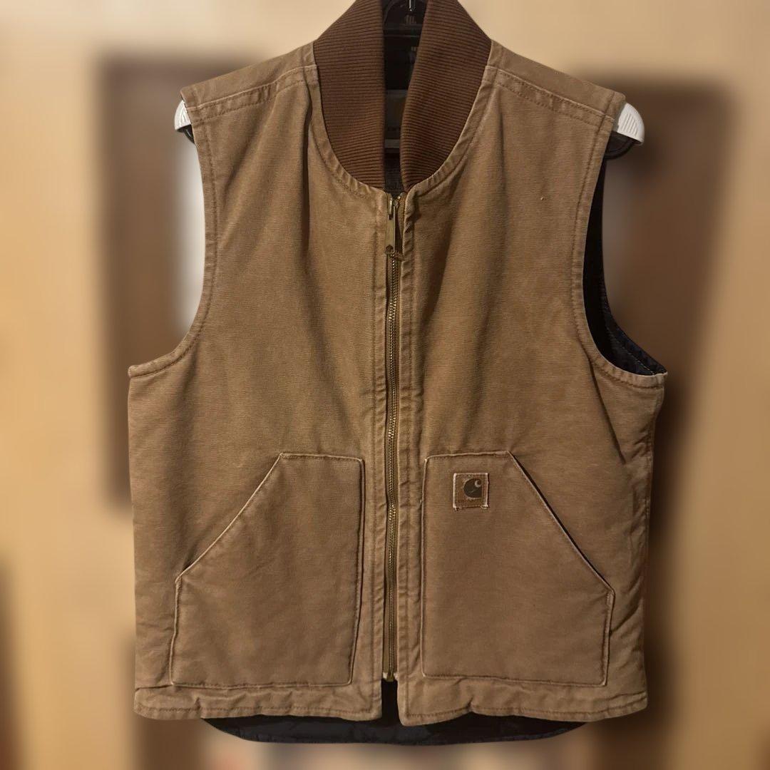 カーハート　ベスト　革タグ　ダック　ブラウン　usa